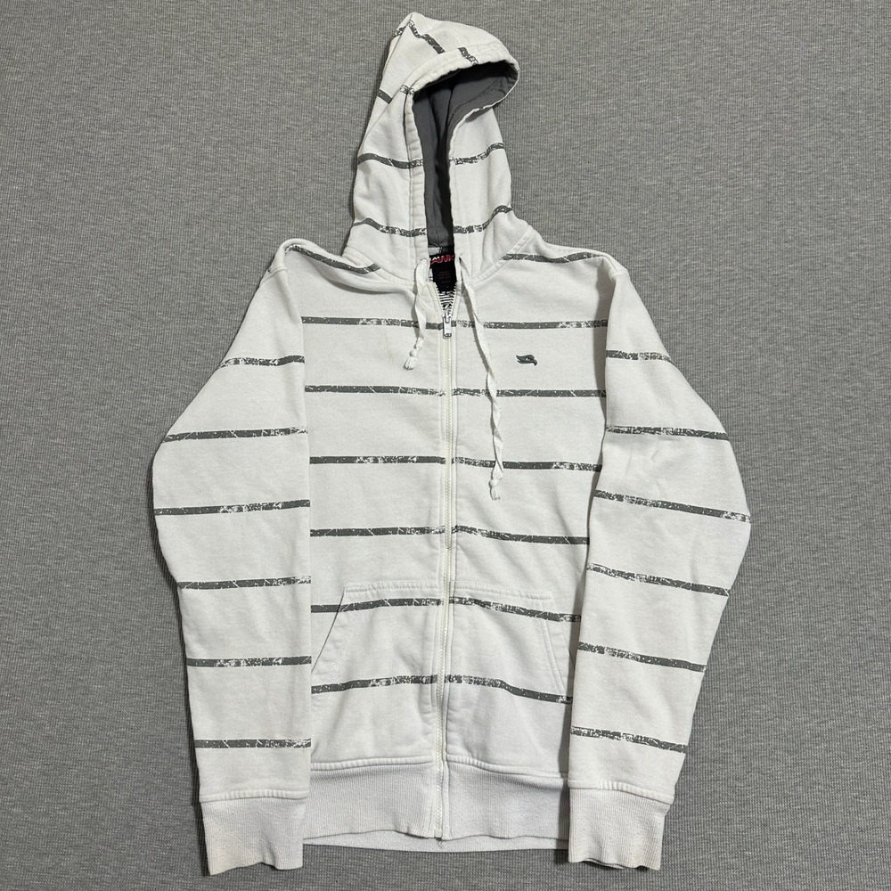 Y2K Tony Hawk Full Zip Hoodie White Distressed Stripe Skate Streetwear Medium